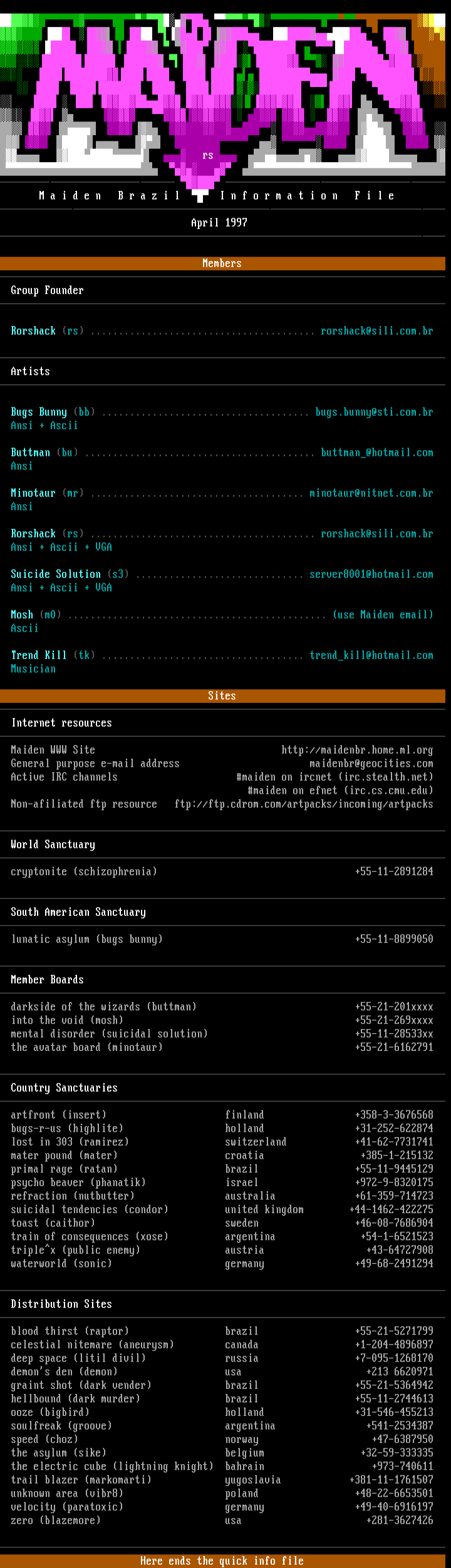 maiden: info file - april 1997 by maiden staff